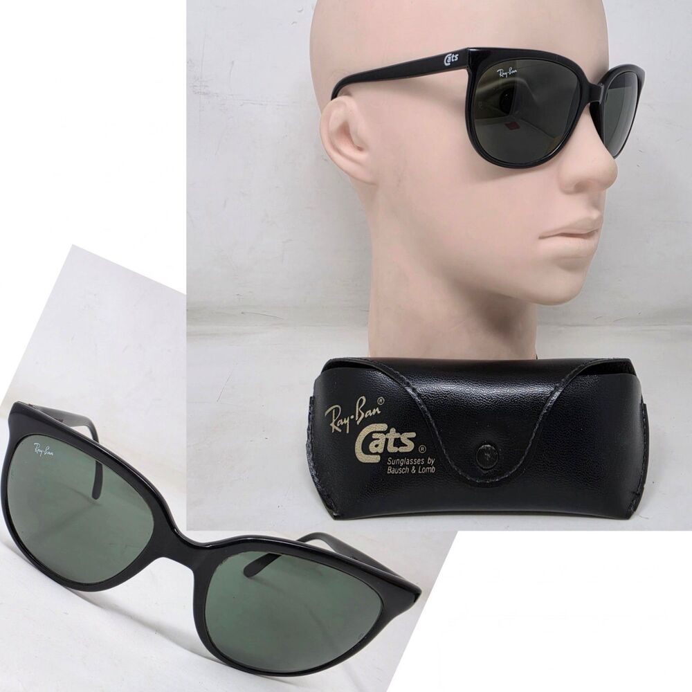 Vintage Black Ray Ban Cats 1000 Sunglasses G15 Lenses Case Bausch & Lomb 1980s